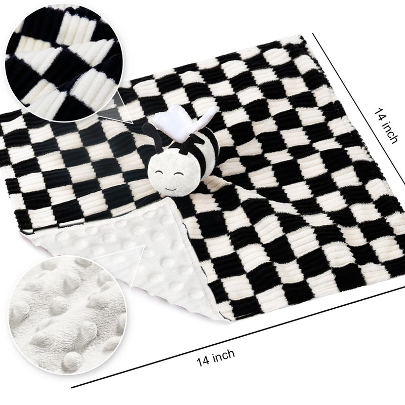 BEILIMU High Contrast Baby Security Blanket for Boys Girls 3D Soft Checkerboard Gingham with Minky Dot Fabric Backing Bee Snuggle Stuffed Animal Lovely Black 14 Inch - Image 2